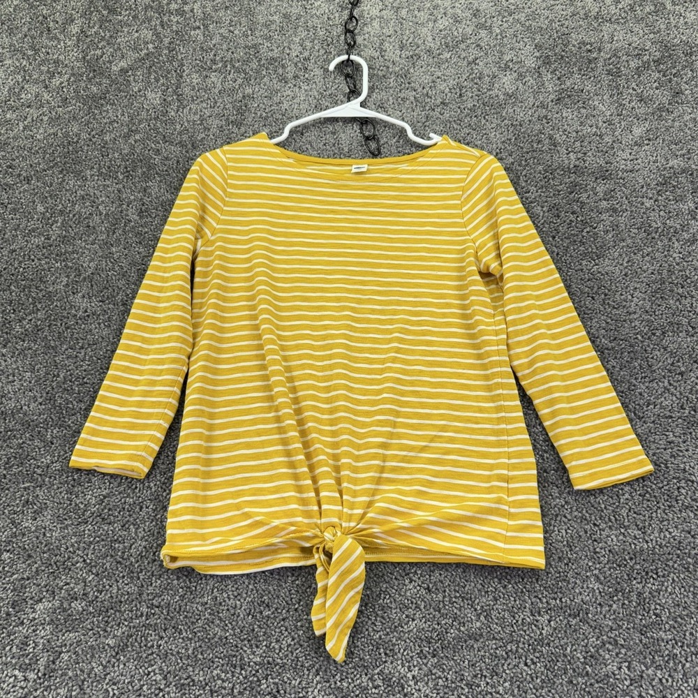Old Navy Shirt Womens XS Yellow Stripe Tie Front 3/4 Sleeve Jersey Summer Casual